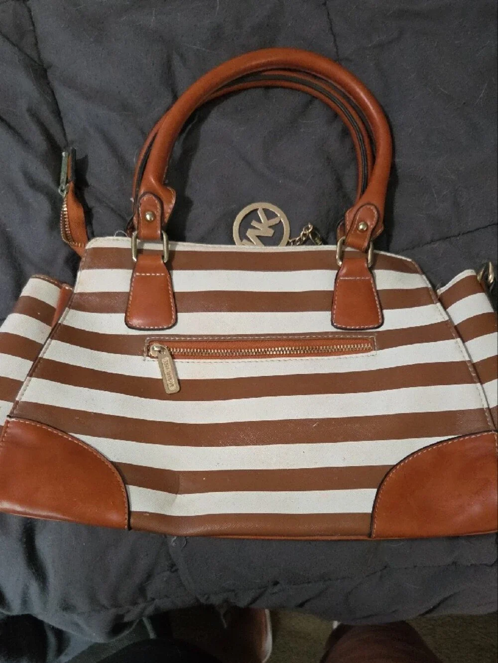Michael Kors Brown and White Striped Satchel with Gold Hardware
